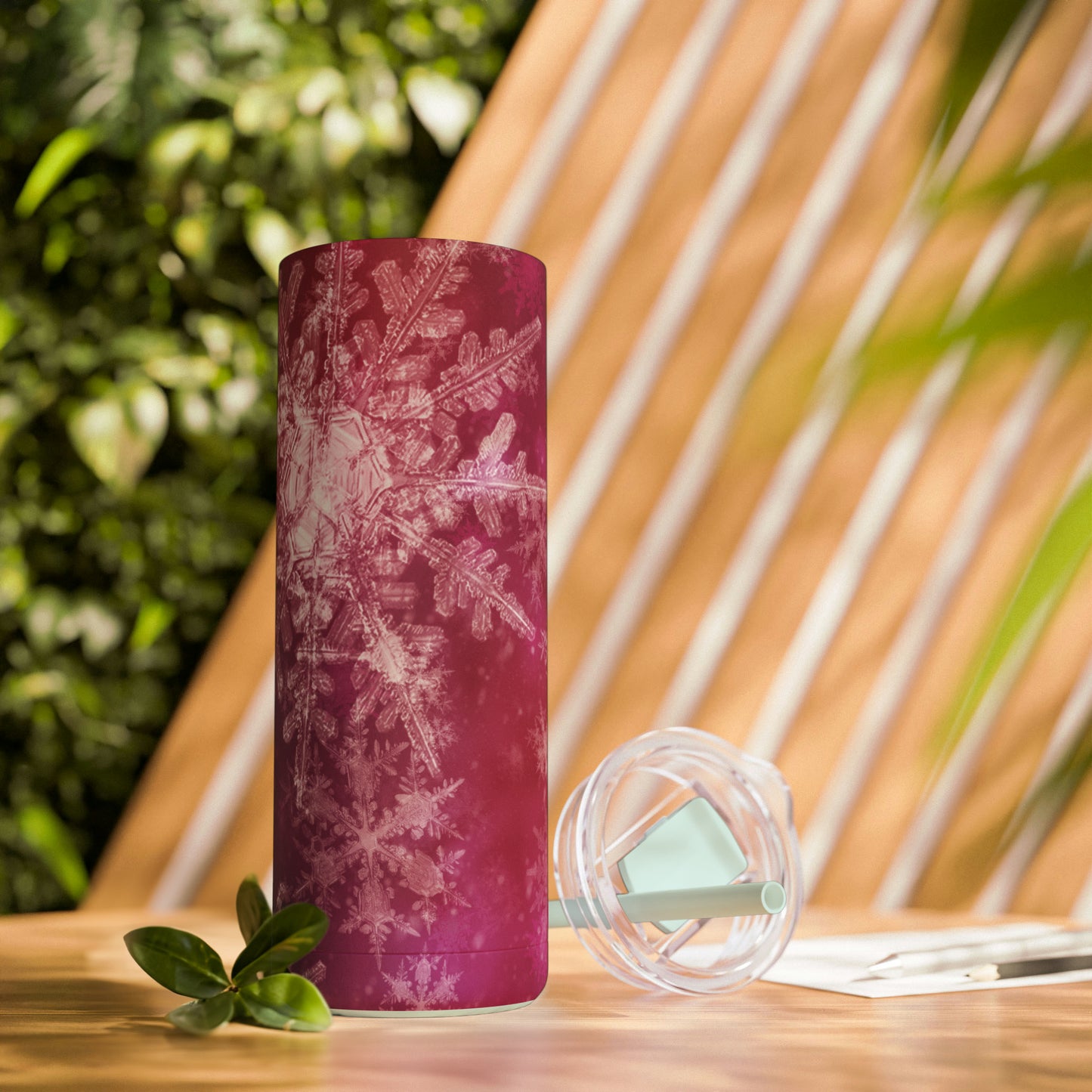 Pink Flamingo Snowflakes Maars Maker Skinny Matte Tumbler, 20oz