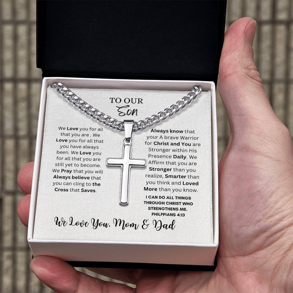 TO OUR SON CROSS NECKLACE FROM MOM & DAD