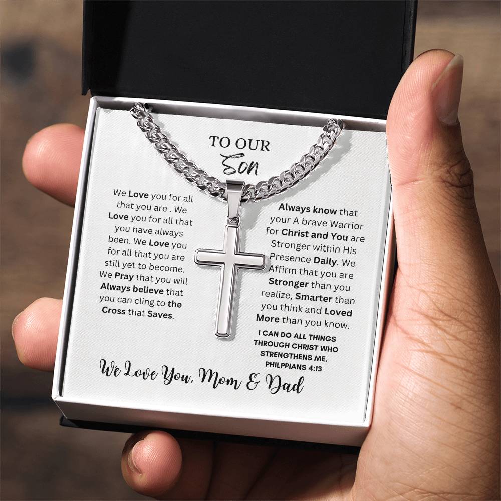 TO OUR SON CROSS NECKLACE FROM MOM & DAD