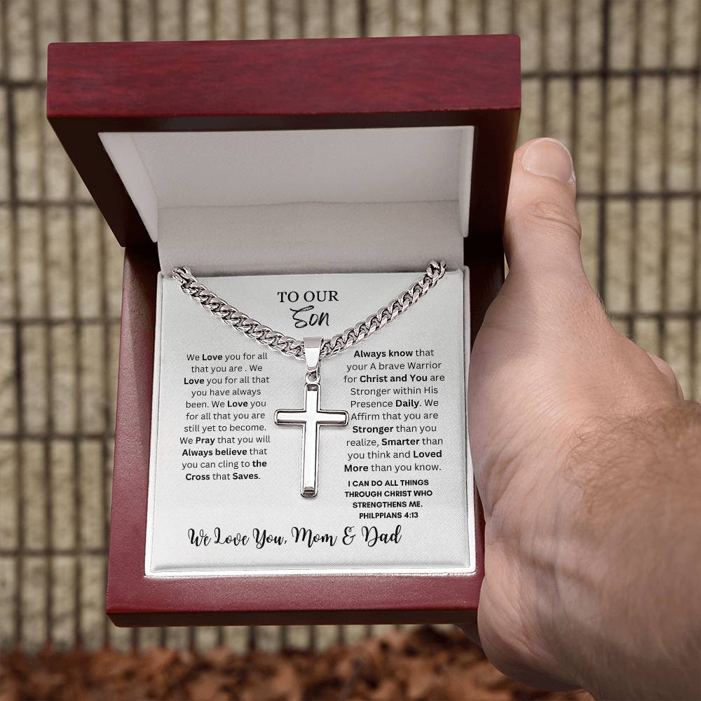 TO OUR SON CROSS NECKLACE FROM MOM & DAD