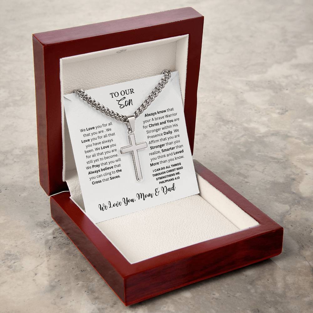 TO OUR SON CROSS NECKLACE FROM MOM & DAD