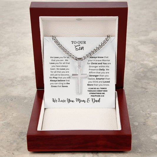TO OUR SON CROSS NECKLACE FROM MOM & DAD
