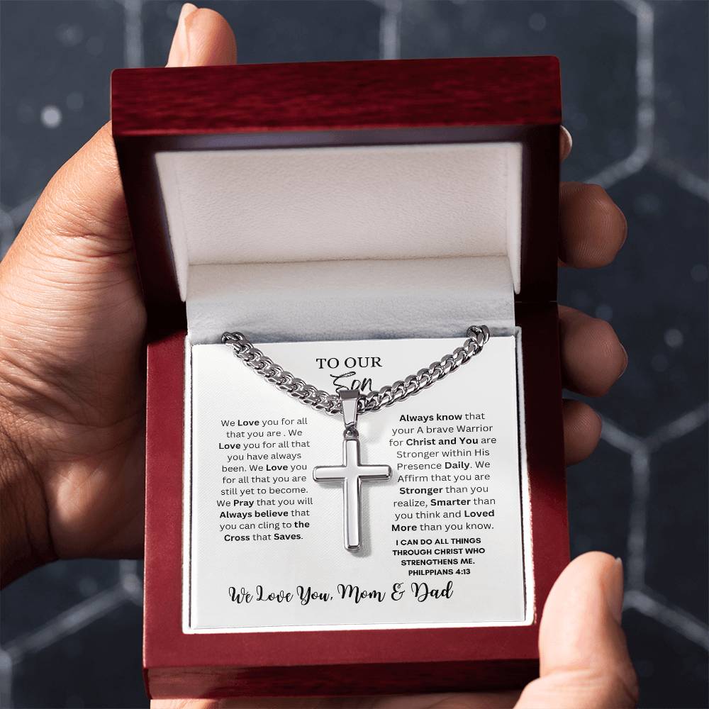 TO OUR SON CROSS NECKLACE FROM MOM & DAD