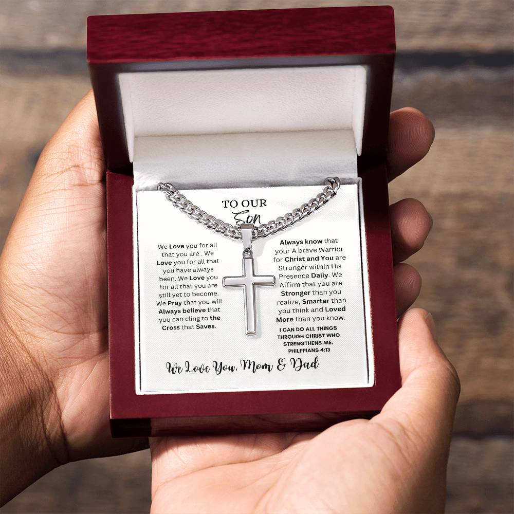 TO OUR SON CROSS NECKLACE FROM MOM & DAD